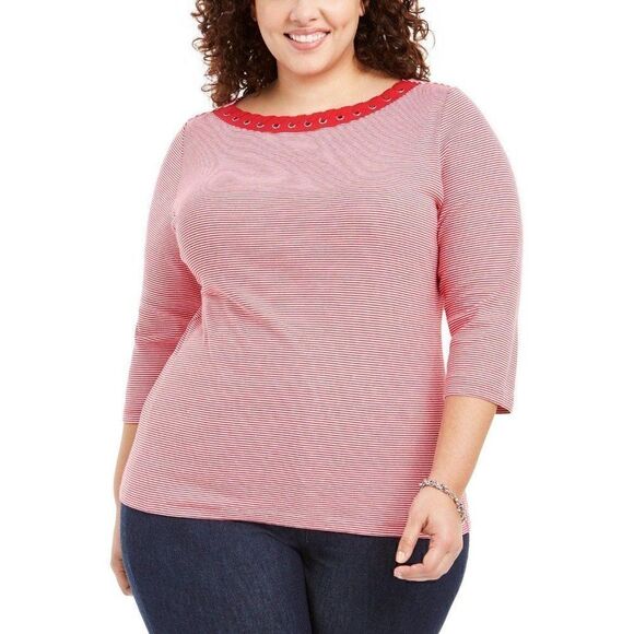 Karen Scott Red/White Plus Size Grommet-Trim Top - Picture 1 of 7